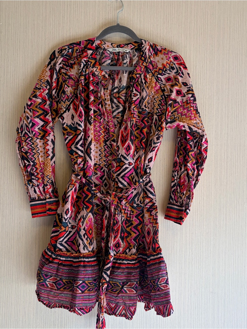 Zara Pink Multicolor Printed Long-Sleeve Tie-Waist Dress
